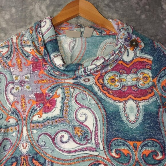 Chicos Womens‎ M Blue Orange Paisley Cowl Neck Top Boho Artcore Resort Vacation - Picture 6 of 9